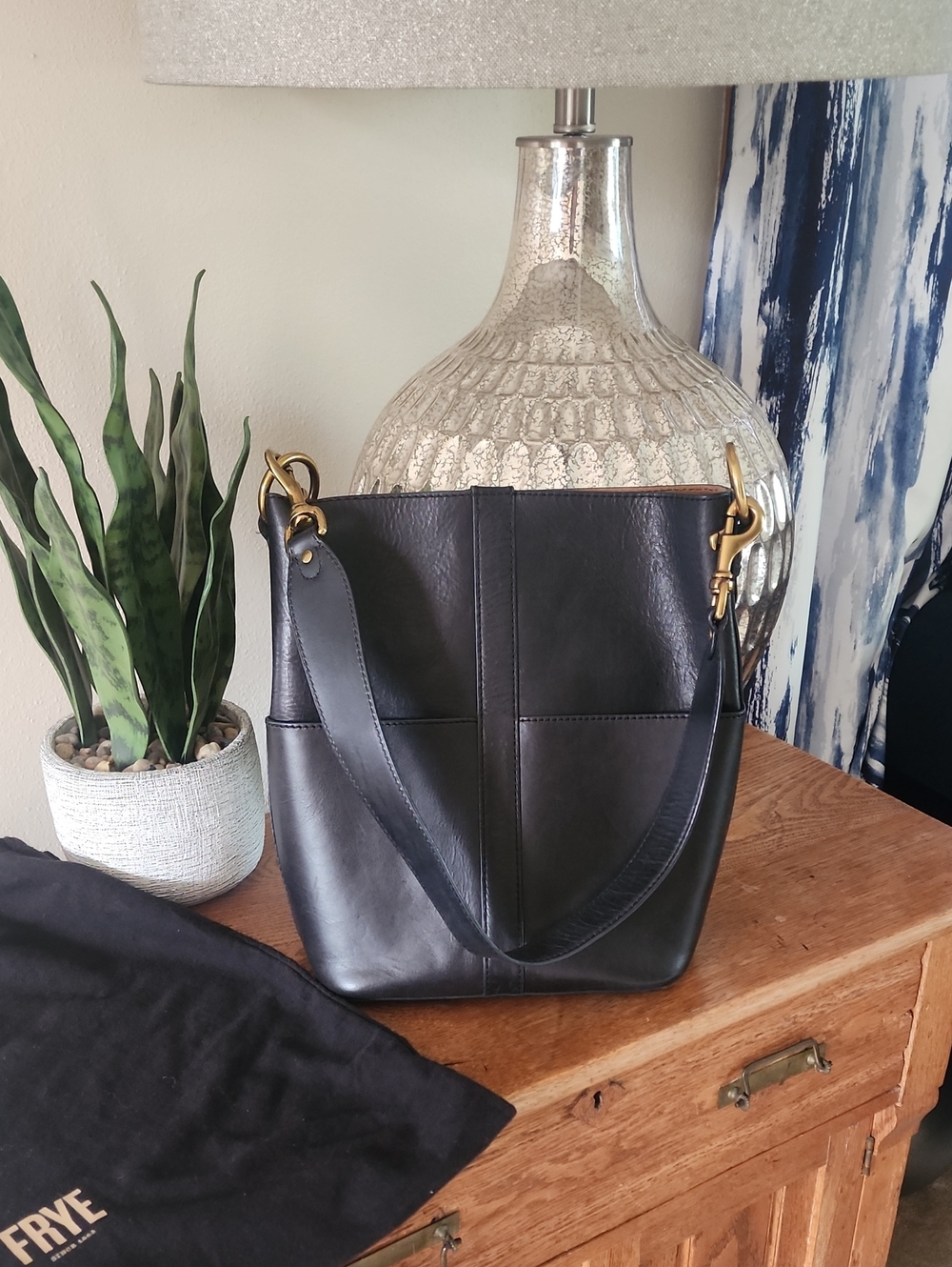 Frye Black Leather Shoulder Tote with Gold Hardware